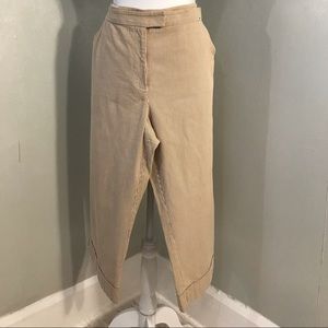 Beige and white pin striped pants. Cuff at bottom